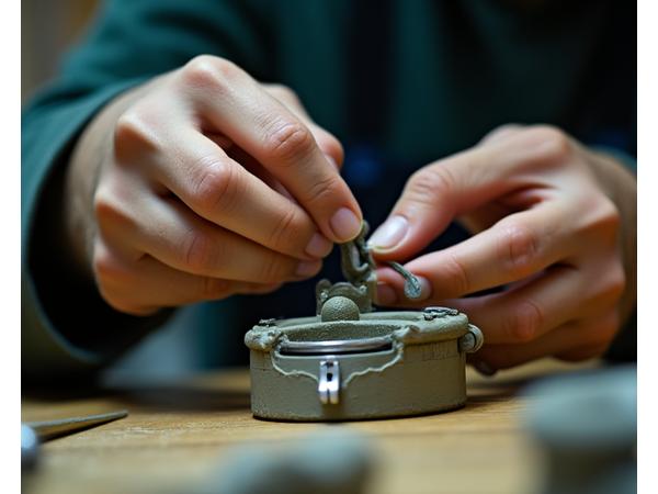 熟練の職人が紺炉グリルを手作業で精密に組み立てる様子