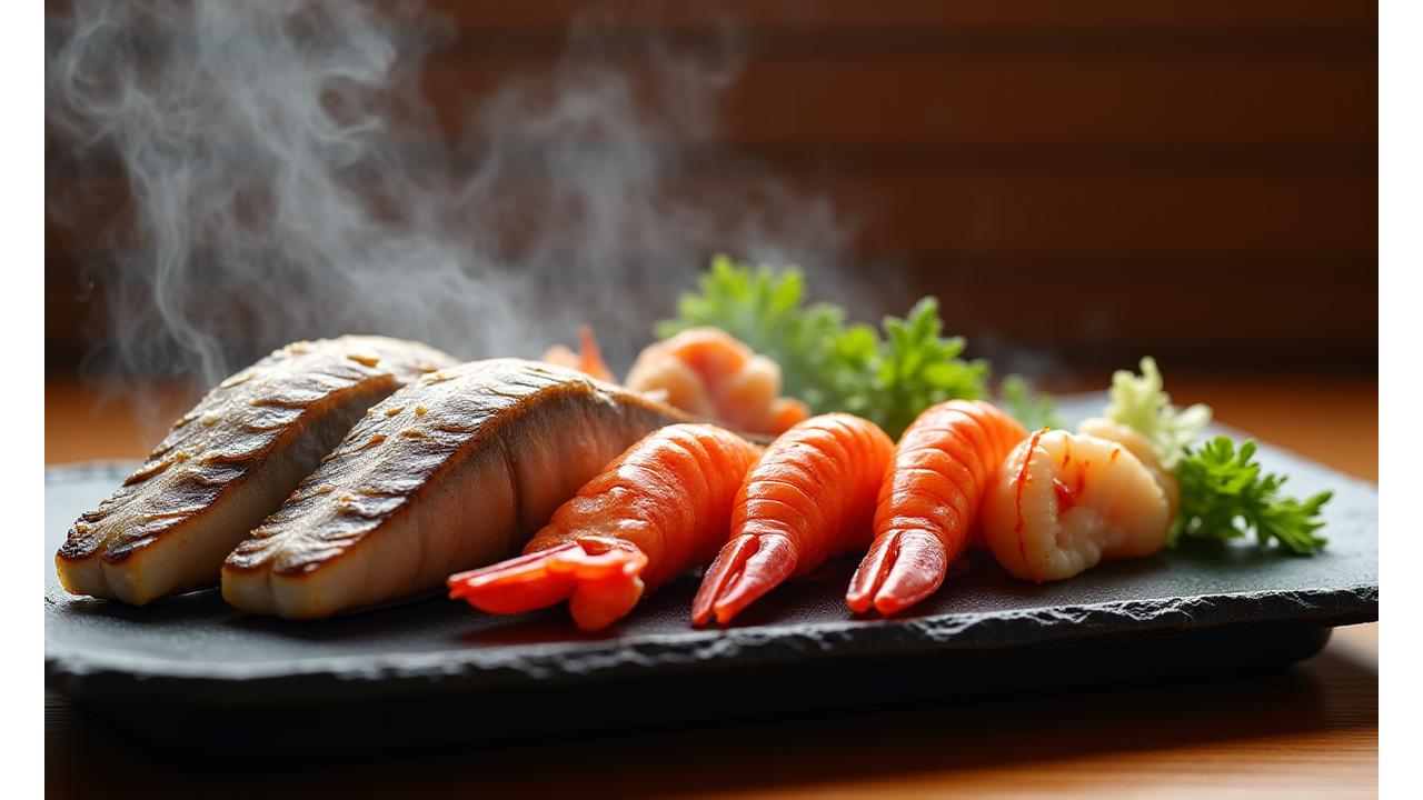 完璧に焼き上げられた海鮮グリルの盛り合わせと精巧な紺炉グリル