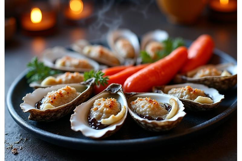 冬の牡蠣とカニの温かいグリル料理